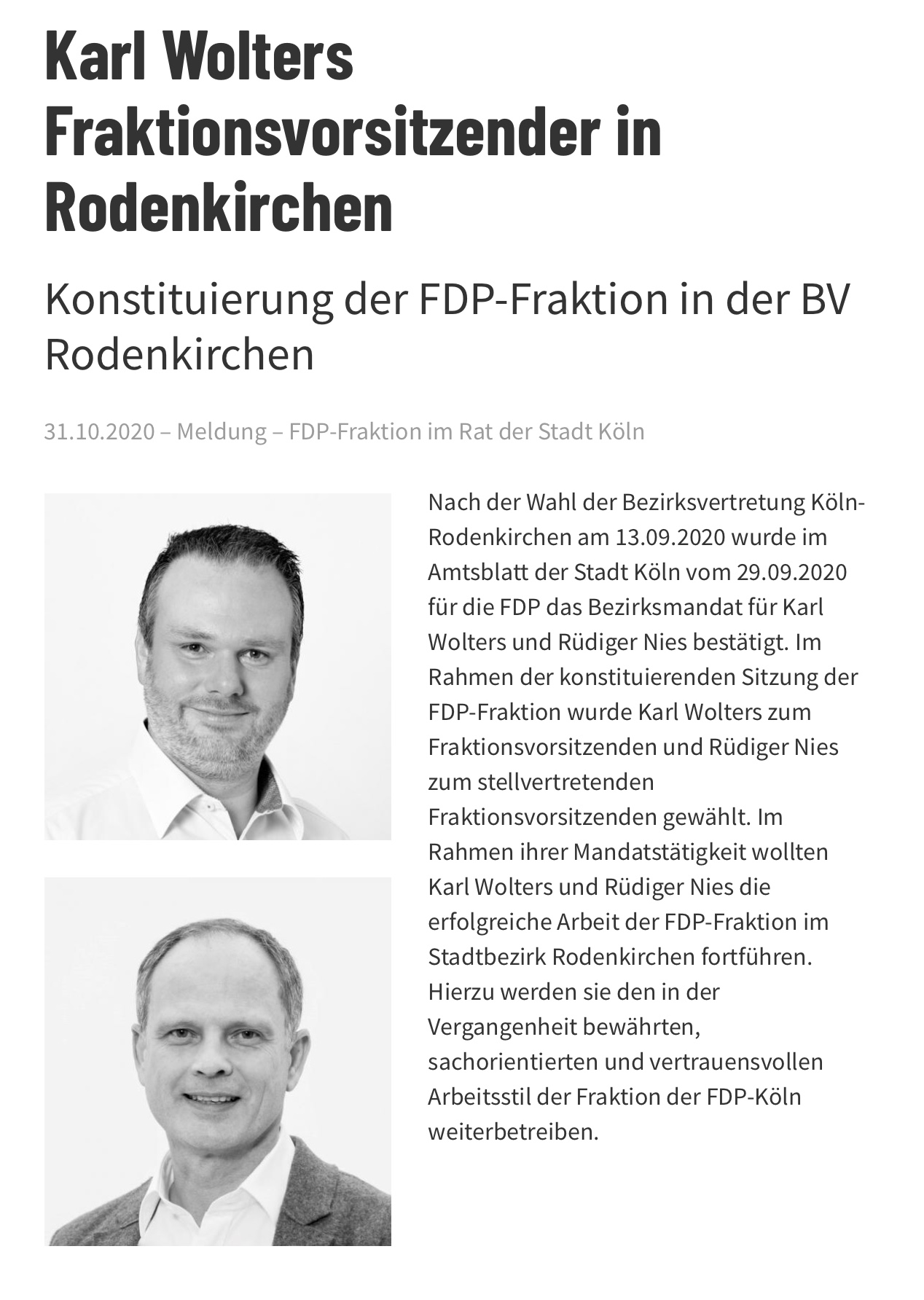 Karl Wolters Fraktionsvorsitzender in Rodenkirchen